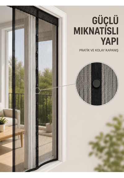 Otomatik Kapanan Mıknatıslı Sineklik Kapı Filesi Pratik Geçişli Siyah Model Renk