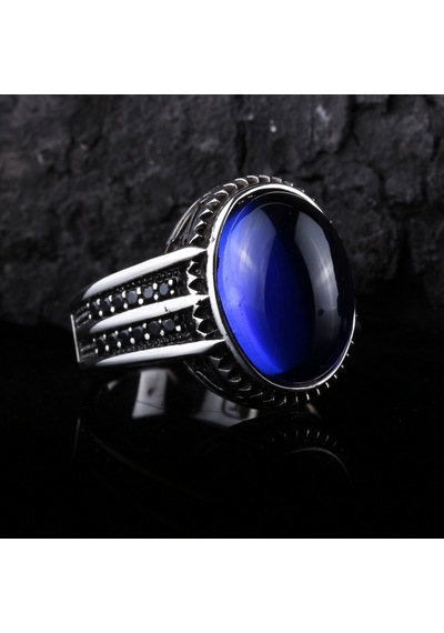 925 Ayar Gümüş Mavi Oval Taşlı Erkek Yüzük Silver