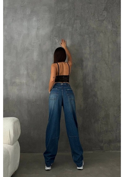 Premium Yıkamalı Kemerli Baggy Jeans Mavi