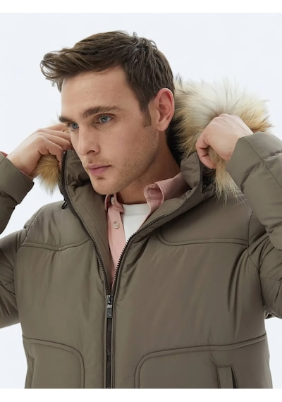 Kip Vizon Regular Fit Kapüşonlu Casual Dokuma Mont VIZON