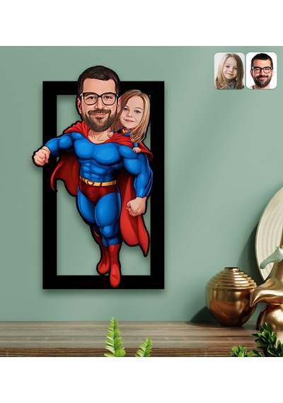 Bk Gift Kişiye Özel Süper Baba-çocuk Karikatürlü 3d Ahşap Tablo-4, Babalar Günü Hediyesi, Babaya Hediye Kobitmeyencom31596 Bk