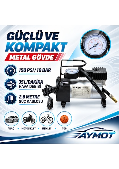 Niken 12v 150w Metal Gövde 150 Psı Araç Lastik Şişirme Kompresörü -