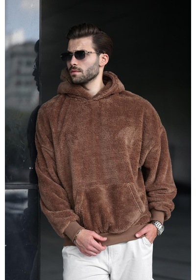 Madmext Kahverengi Peluş Kapüşonlu Erkek Sweatshirt 6050 Kahverengi