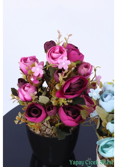Yapay Çiçek Sitesi Plastik Saksıda Yapay Ranunkulus Tanzimi 2'li Set 30 Cm Mor Pembe - Turkuaz
