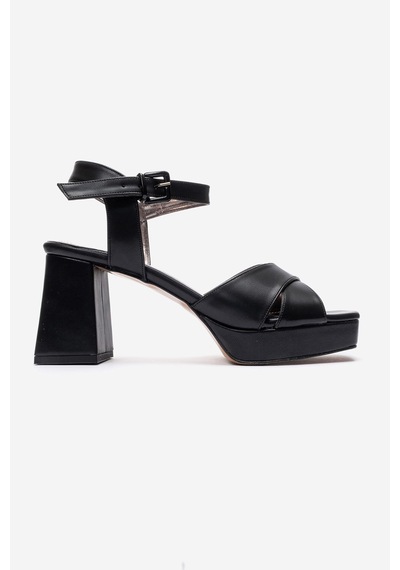 Luvishoes Lisbon Siyah Cilt Çapraz Bantlı Kadın Platform Topuklu Ayakkabı