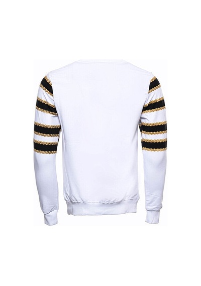 Beyaz Baskılı Taşlı Bisiklet Yaka Sweatshirt - Wessi Siyah