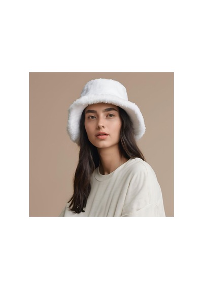 Gonca Şapka Lüks Beyaz Bucket Peluş Kova Şapka