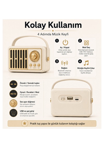 Retro Kablosuz Hoparlör Fm Radyo Usb Destekli Taşınabilir Askılı Şarjlı Bluetooth Speaker 5w