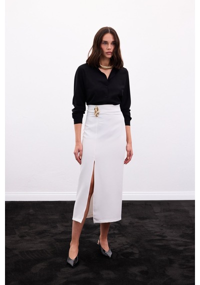 Sateen Gold Yan Aksesuarlı Etek - Ekru-136886 Ekru