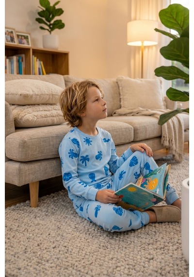 Zuzunga Deniz Temalı Mavi Renk %100 Pamuk Erkek Çocuk Pijama Takımı Bebe Mavi