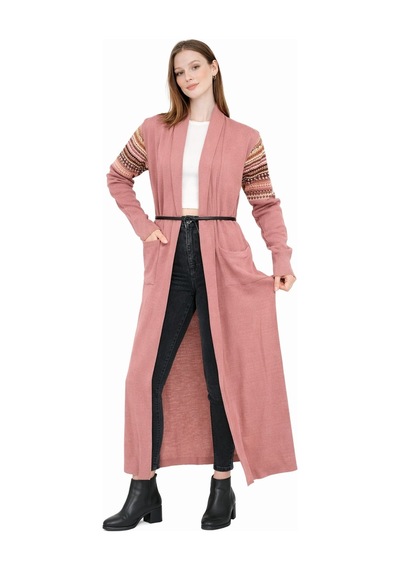 Onno Style Women Kilim Desen Uzun Ceket Somon