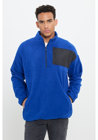 AC&Co / Altınyıldız Classics Erkek Saks Oversize Bol Kesim Bato Yaka Cep Detaylı Fermuarlı Soğuk Geçirmez Polar Sweatshirt Saks Mavi