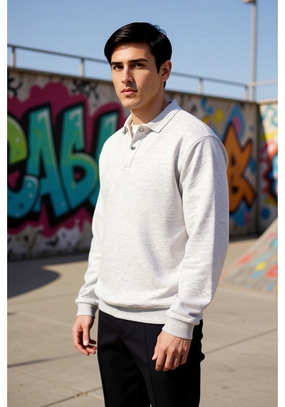 Benerly Erkek Polo Yaka Standart Kol Regular Kalıp Örme Sweatshirt Fonksi Gri Melanj