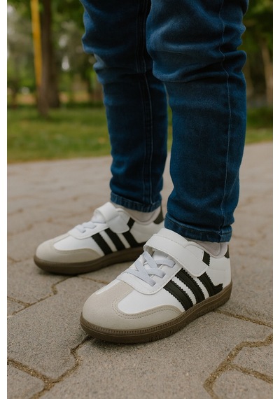 Günlük Unisex Çocuk Sneaker Bağcıklı Hafif Kaymaz Taban Ayakkabı Beyaz - Siyah