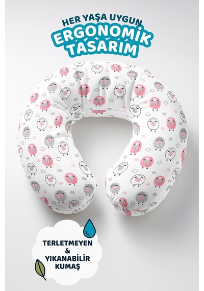 Koyun Desenli Ergonomik Boyun Yastığı - Sevimli Pastel Pembe Gri Yumuşak Seyahat Yastığı Metalik Koral