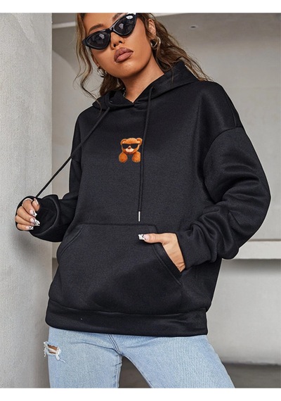 Unisex Oversize Ayıcık Baskılı Kapüşonlu Sweatshirt Siyah