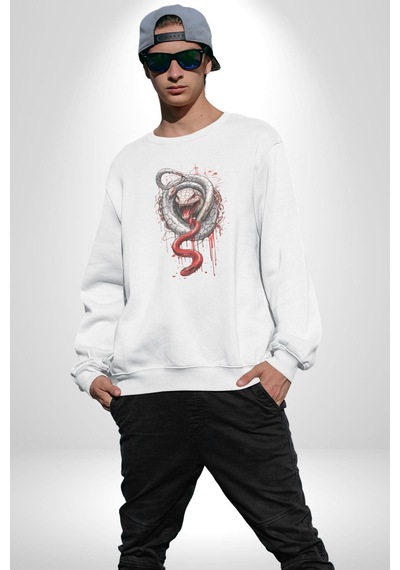 Beyaz Ve Kırmızı Yılan Unisex Beyaz Baskılı Sweatshirt Beyaz