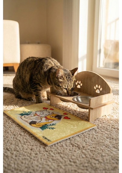 Ahşap Kedi Köpek Mama Su Kabı Standı, Metal Suluk, Kedi Köpek Halısı