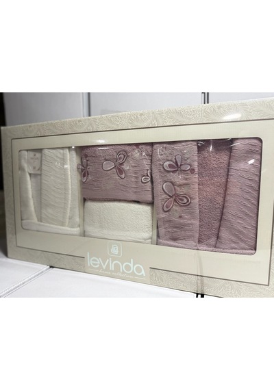 Levinda 3d Nakışlı Bornoz Takımı Krem-mürdüm