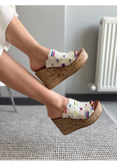 Asmi Shoes Kadın Limo Beyaz Kot Dolgulu Mantar Taban Terlik 10 Cm Beyaz