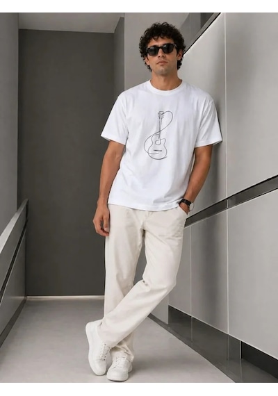 Veraura Lifestyle Erkek Minimal Gitar Baskılı Tişört T-shirt Yazlık Kısa Kol Bisiklet Yaka T-shirt - Beyaz