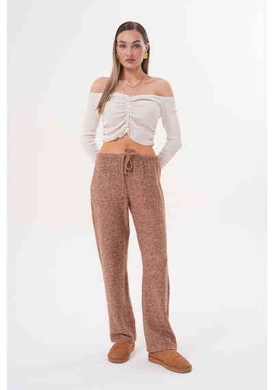 Genius Store Kadın Yumoş Pantolon Beli Lastikli Cepli Bol Örme Pantolon Yumoş Pantolon Kahverengi
