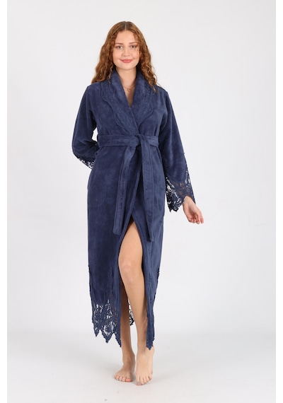 Dantelli Bambu Cotton Triga Bornoz Koyu Mavi