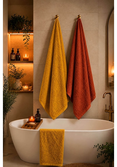 2'li Jakarlı Büyük Boy Banyo Havlusu 90x150 Cm Lorea 650 Gr Kiremit-hardal