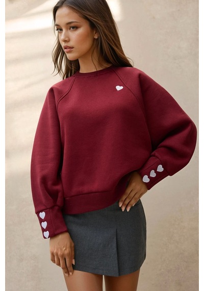 Hiccup İşlemeli Pamuklu Sweatshirt Bordo Kırmızı