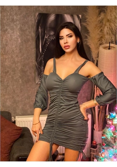 Kayahan Collection Büzgü Detaylı Kollu Kadın Mini Elbise