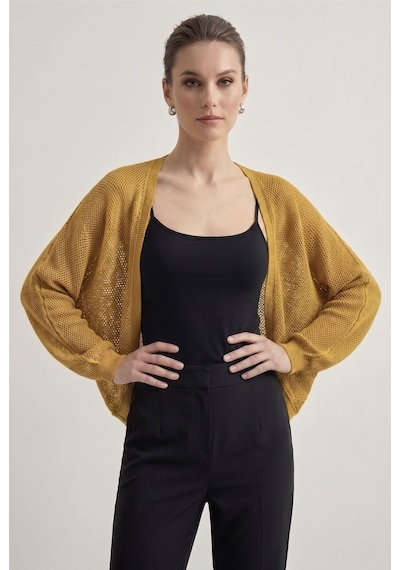 Neden Tekstil Premium Ajurlu İnce Triko Bolero Hırka - Hardal