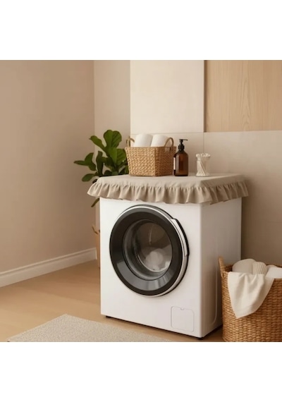 Fırfırlı Çamaşır Makinesi Örtüsü - Çeyizlik Dekoratif Banyo Makine Kılıfı- Bej