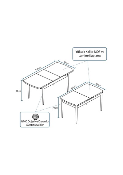 Familieconcept Zümra Serisi, 80x132 Açılabilir Meşe Desen Mdf Mutfak Masası, Yemek Masası