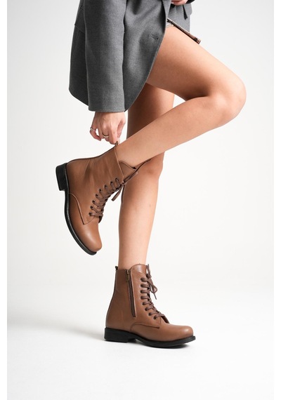 Analin Shoes Kadın Hakiki Deri Bağcıklı Ve Fermuarlı Bot Ceviz