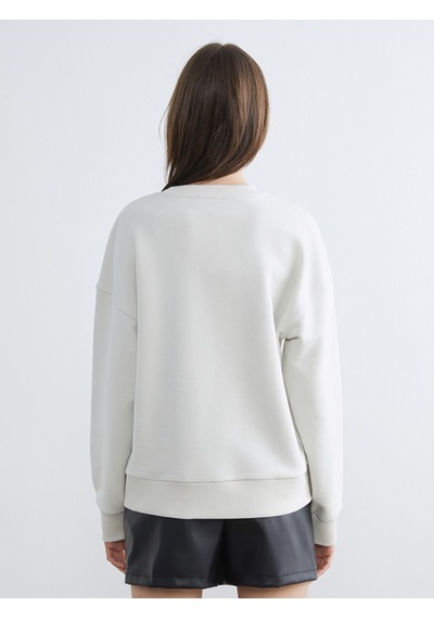 Lcw Vision Bej Bisiklet Yaka Taşlı Oversize Kadın Sweatshirt