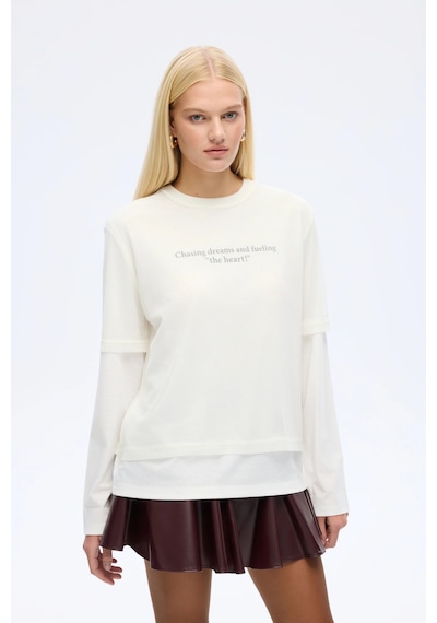 Quzu Tül Tişört Garnili Oversize Sweatshirt Ekru Ekru