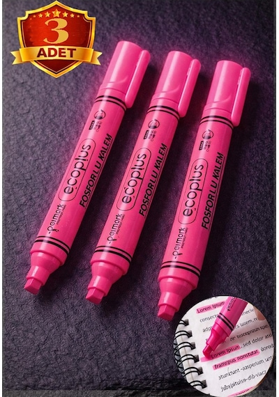 Pembe Fosforlu Kalem Neon Renkli 3 Adet Kesik Uç 1-5mm İşaretleme Kalemi Canlı Renk Okul Ofis Tipi İşaretleme Kalemi