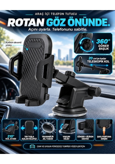 Dexxony Hp-a15 Vantuzlu Teleskopik Araç İçi Telefon Tutucu 360 Derece Döner Başlık Siyah