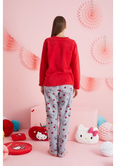Siyah İnci Lisanslı Polar Çok Renkli Nakışlı Bisklet Yaka Pijama Takım Hk310 Kırmızı