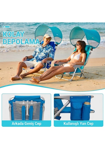 Wejoy Wavora B10 Plus Upf50+ Gölgelikli 4 Kademeli Katlanır Plaj Sandalyesi Blue Mavi