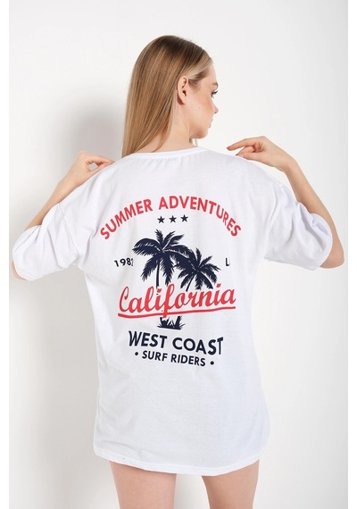 Startmore Kadın Beyaz Oversize California Baskılı T-shirt Beyaz
