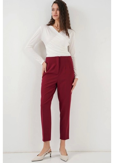 Defymoda 6650 Yüksek Bel Kumaş Pantolon - Bordo Bordo