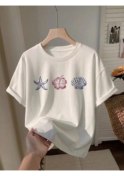 Beyaz Tropikal Marine Baskılı Oversize Kompak T-shirt Beyaz