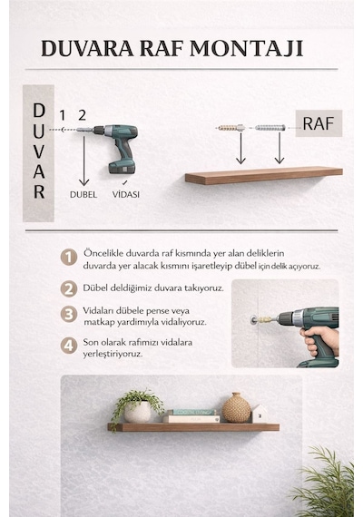 Tekli Duvar Rafı - Uçan Raf Gizli Raf Beyaz 15x50 Diğer