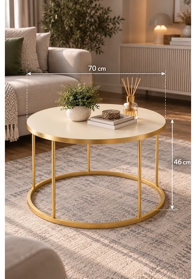 Sulorahome Gold Ayaklı Çekmeceli Yuvarlak Orta Sehpa Krem Bej Altın - Bej