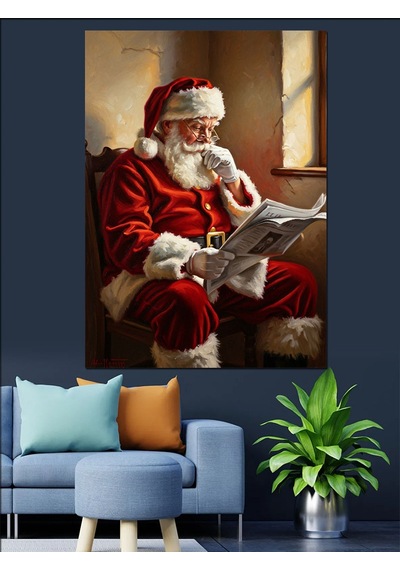 Gazete Okuyan Nostaljik Noel Baba Dekoratif Kanvas - Mdf Ahşap Tablo