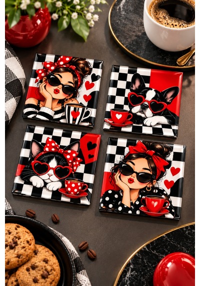 Gökçeoğlu Cam Bardak Altlığı Kırmızı Siyah Beyaz Pop Art Temalı 4'lü Takım 10cm X 10cm Çok Renkli