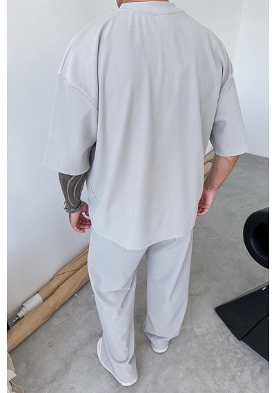 Gri İnce Fitilli Oversize Tişört Gri
