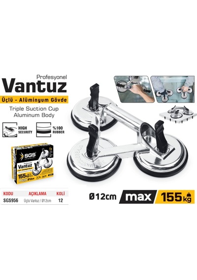 Sgs956 - 155 Kg Üçlü Vantuz Alüminyum Cam Seramik Fayans Ahşap Tutma Taşıma Vantuzu 12cm + 12cm + 12cm