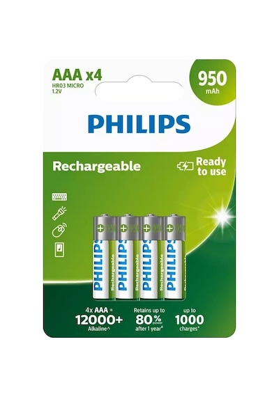 Philips R03B4A95/10 950 mAh AAA Şarj Edilebilir İnce Kalem Pil 4'lü